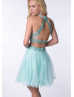 Blue Tulle Lace Beaded Halter Triangle Back Two Piece Knee Length Prom Dress 